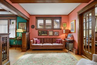 Living room - note the lovely leaded glass