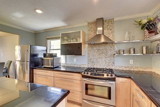 Range with decorator tile, striking stainless steel hood and shelves. 