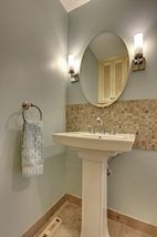Pedestal sink, transitional lighting!