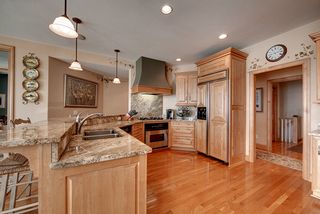 Granite countertops and backslashes. Custom range hood, Sub Zero refrigerator freezer.