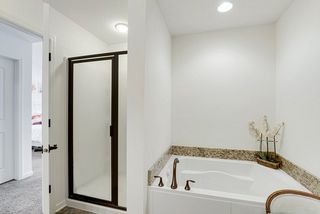 Separate soaker tub and shower. Granite backsplash.