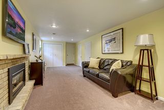 Lower level living space with updated lighting, flooring, and gas fireplace