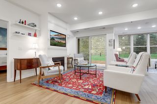 Living room with gas fireplace.