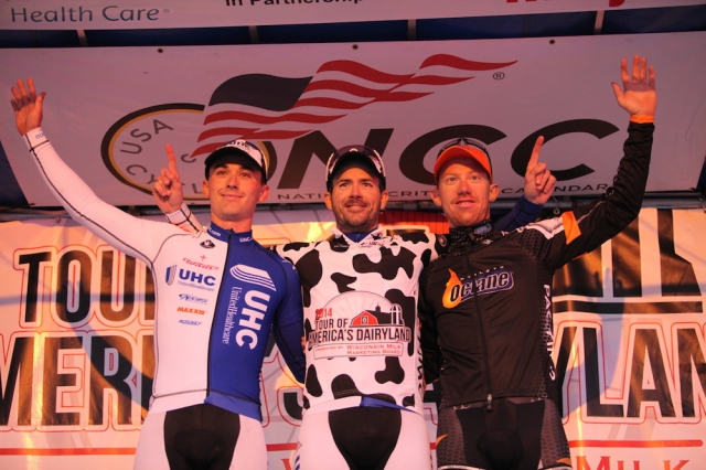 Luke Keough, Kenneth Hanson and Daniel Holloway (l to r) celebrate on the podium after the June 22 criterium.