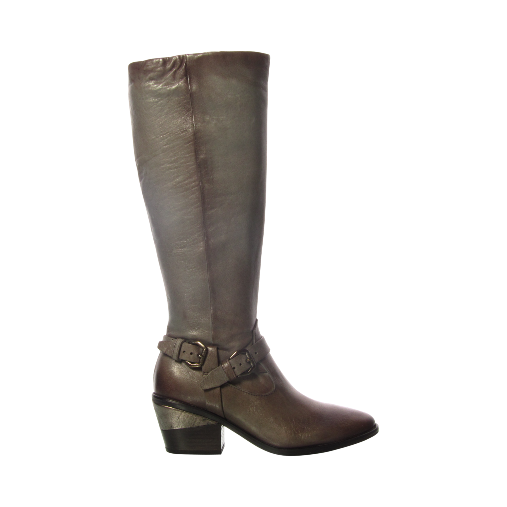 Bottes Femme Grises à Talon Haut - Taille 6 (UK), Bout Ouvert - NEUVES Sans Emballage - En Simili Cuir