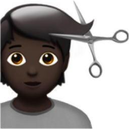 person getting haircut: dark skin tone emoji