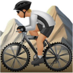 person mountain biking: medium-light skin tone emoji