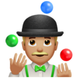 man juggling: medium-light skin tone emoji