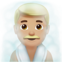 man in steamy room: medium-light skin tone emoji