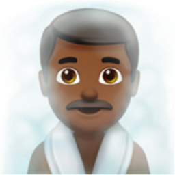 man in steamy room: medium-dark skin tone emoji