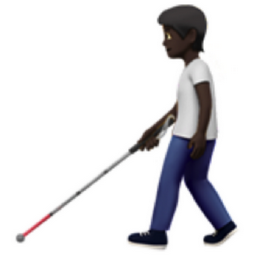 person with white cane: dark skin tone emoji
