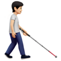 person with white cane facing right: light skin tone emoji