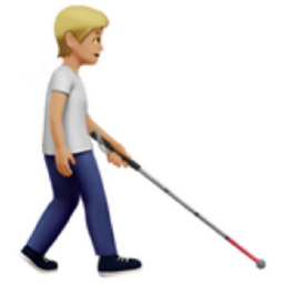 person with white cane facing right: medium-light skin tone emoji
