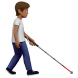 person with white cane facing right: medium skin tone emoji