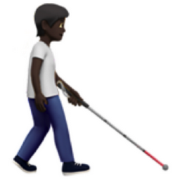 person with white cane facing right: dark skin tone emoji