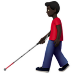 man with white cane: dark skin tone emoji