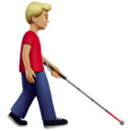 man with white cane facing right: medium-light skin tone emoji