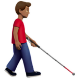 man with white cane facing right: medium skin tone emoji