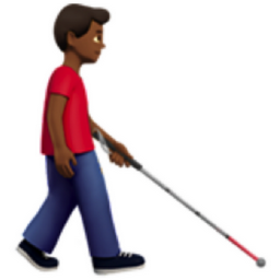 man with white cane facing right: medium-dark skin tone emoji
