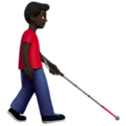 man with white cane facing right: dark skin tone emoji