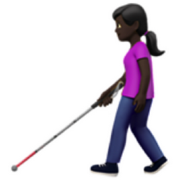 woman with white cane: dark skin tone emoji