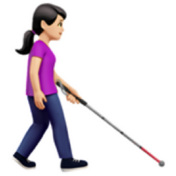 woman with white cane facing right: light skin tone emoji