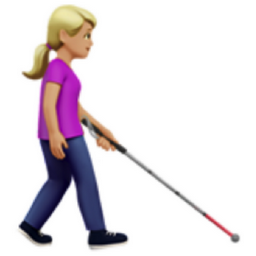 woman with white cane facing right: medium-light skin tone emoji