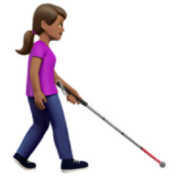 woman with white cane facing right: medium skin tone emoji