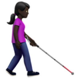 woman with white cane facing right: dark skin tone emoji