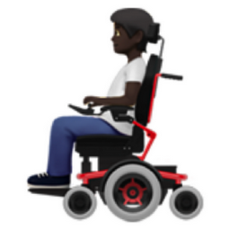 person in motorized wheelchair: dark skin tone emoji