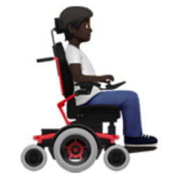 person in motorized wheelchair facing right: dark skin tone emoji