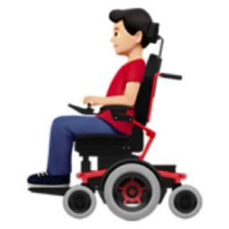 man in motorized wheelchair: light skin tone emoji