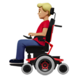 man in motorized wheelchair: medium-light skin tone emoji