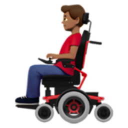 man in motorized wheelchair: medium skin tone emoji