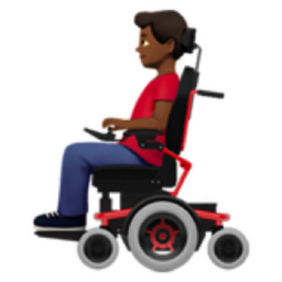man in motorized wheelchair: medium-dark skin tone emoji