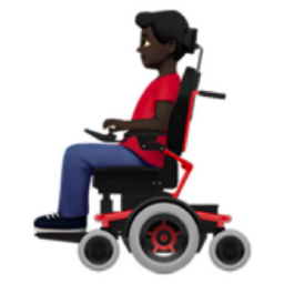 man in motorized wheelchair: dark skin tone emoji