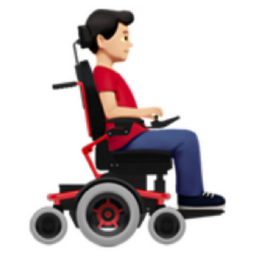 man in motorized wheelchair facing right: light skin tone emoji
