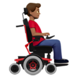 man in motorized wheelchair facing right: medium skin tone emoji
