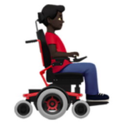 man in motorized wheelchair facing right: dark skin tone emoji