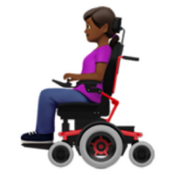 woman in motorized wheelchair: medium-dark skin tone emoji