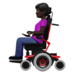 woman in motorized wheelchair: dark skin tone emoji