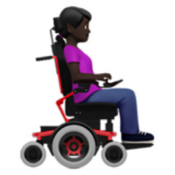 woman in motorized wheelchair facing right: dark skin tone emoji
