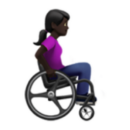 woman in manual wheelchair facing right: dark skin tone emoji