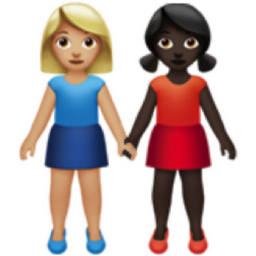 women holding hands: medium-light skin tone, dark skin tone emoji