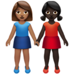 women holding hands: medium skin tone, dark skin tone emoji