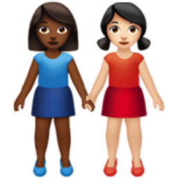 women holding hands: medium-dark skin tone, light skin tone emoji