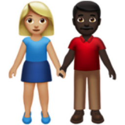 woman and man holding hands: medium-light skin tone, dark skin tone emoji