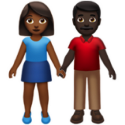 woman and man holding hands: medium-dark skin tone, dark skin tone emoji