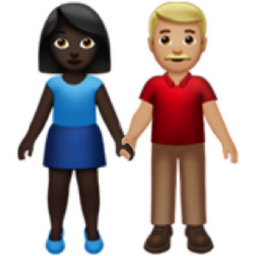 woman and man holding hands: dark skin tone, medium-light skin tone emoji