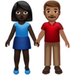 woman and man holding hands: dark skin tone, medium skin tone emoji